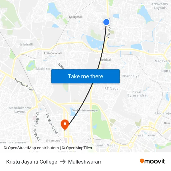 क्रिस्टु जयंती कॉलेज to मल्लेश्वरम map