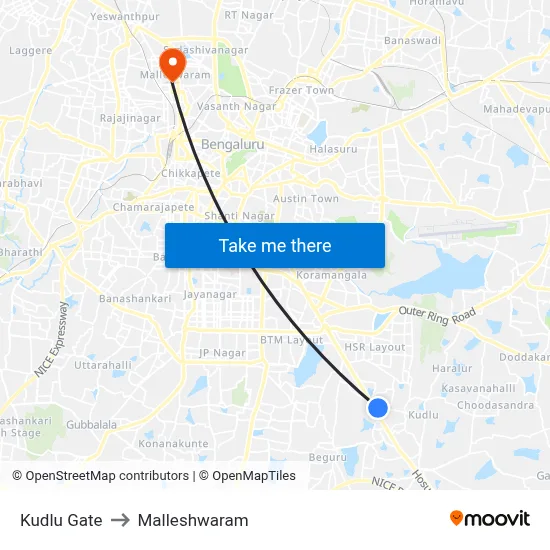 कुद्लु गेट to मल्लेश्वरम map