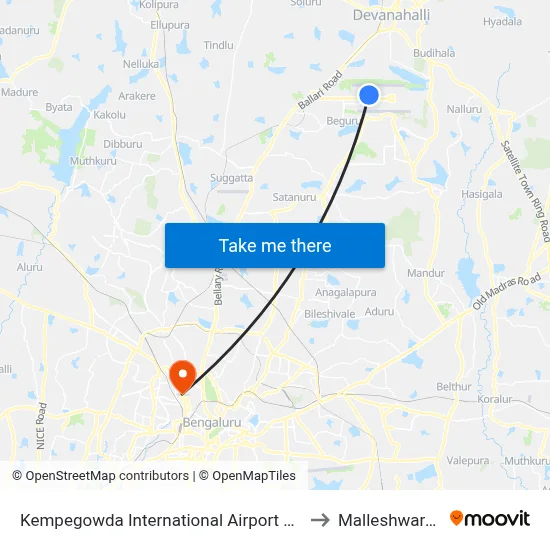 Kempegowda International Airport Road to Malleshwaram map