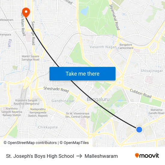 St. Joseph's Boys High School to Malleshwaram map