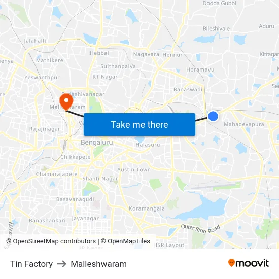 Tin Factory to Malleshwaram map