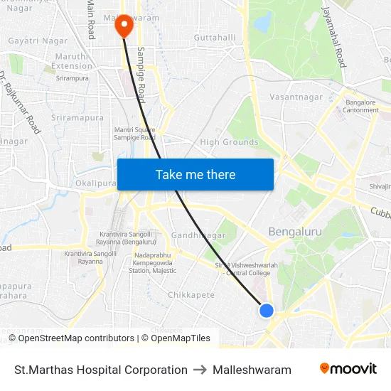 St.Marthas Hospital Corporation to Malleshwaram map