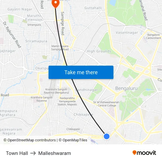 Town Hall to Malleshwaram map
