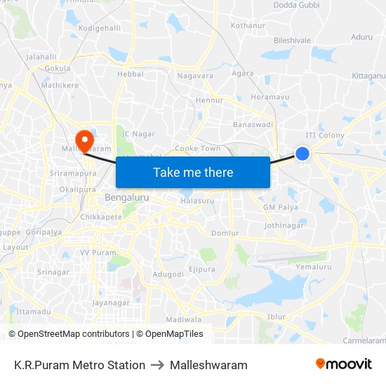 K.R.Puram Metro Station to Malleshwaram map