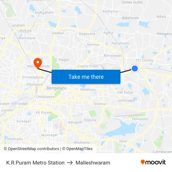 K.R.Puram Metro Station to Malleshwaram map