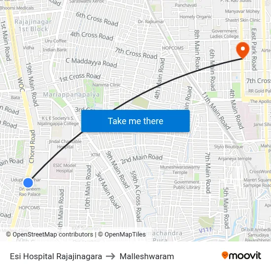 Esi Hospital Rajajinagara to Malleshwaram map