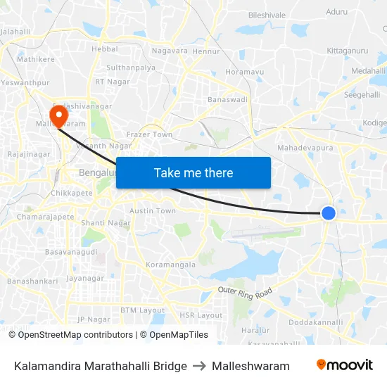 Kalamandira Marathahalli Bridge to Malleshwaram map