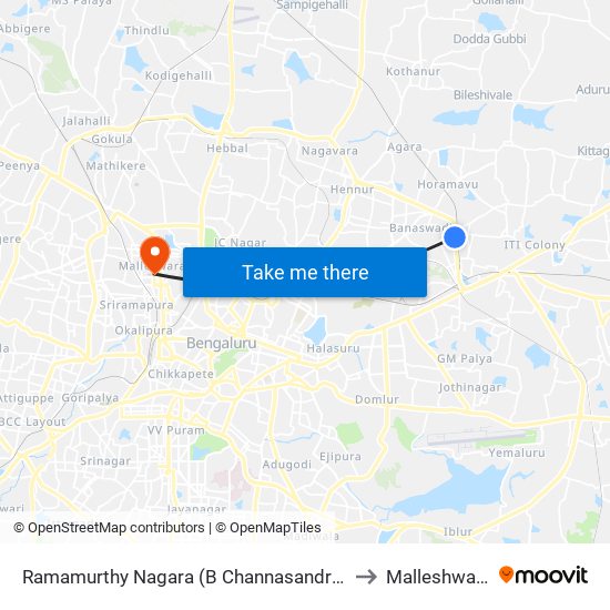 Ramamurthy Nagara (B Channasandra Bridge) to Malleshwaram map