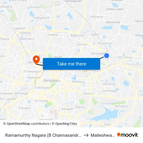 Ramamurthy Nagara (B Channasandra Bridge) to Malleshwaram map