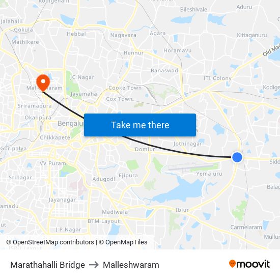 Marathahalli Bridge to Malleshwaram map