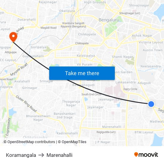 Koramangala to Marenahalli map