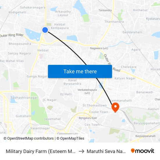 Military Dairy Farm (Esteem Mall) to Maruthi Seva Nagar map