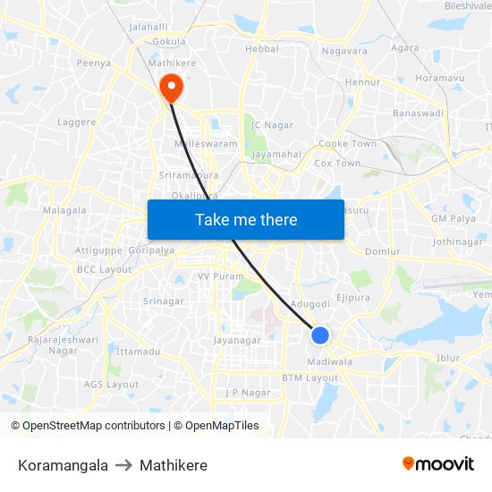 Koramangala to Mathikere map