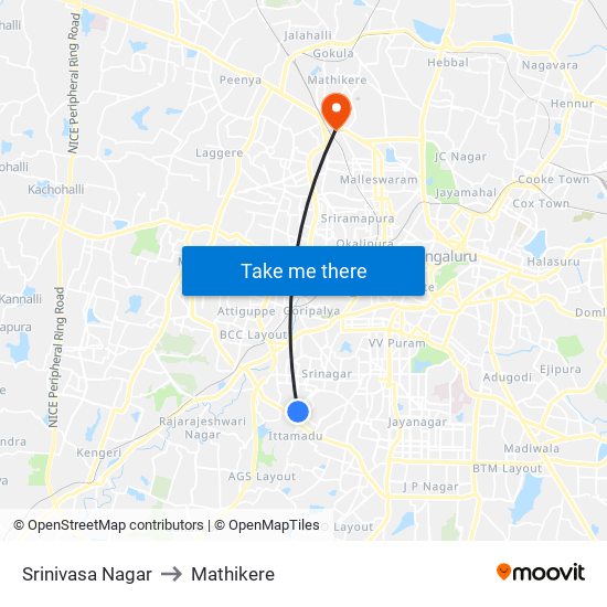 Srinivasa Nagar to Mathikere map