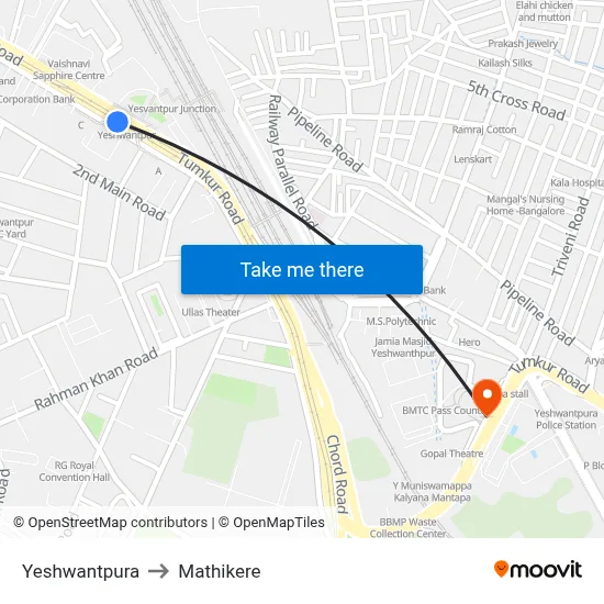 येशवंतपुरा to माथिकेरे map