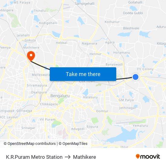 K.R.Puram Metro Station to Mathikere map