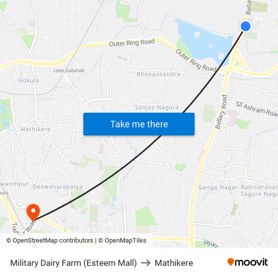 Military Dairy Farm (Esteem Mall) to Mathikere map