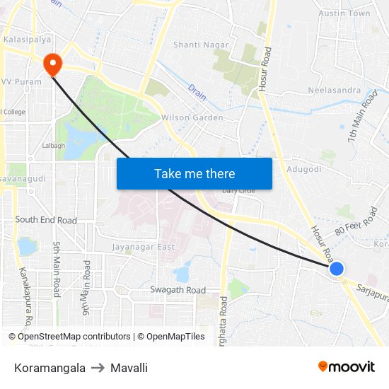 Koramangala to Mavalli map