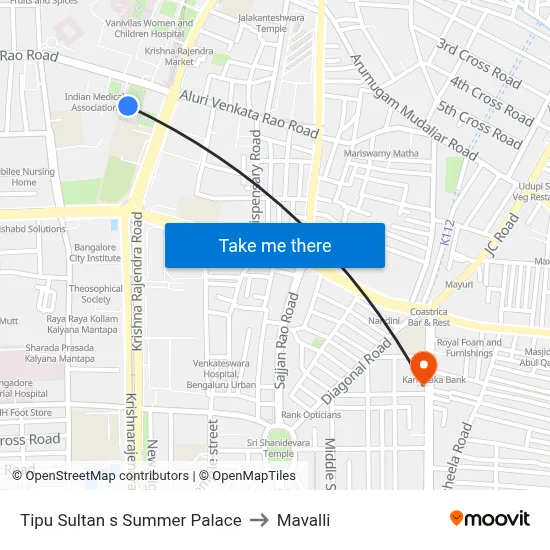 Tipu Sultan s Summer Palace to Mavalli map