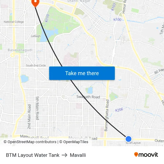 BTM Layout Water Tank to Mavalli map