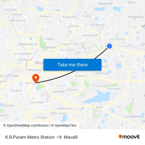 K.R.Puram Metro Station to Mavalli map