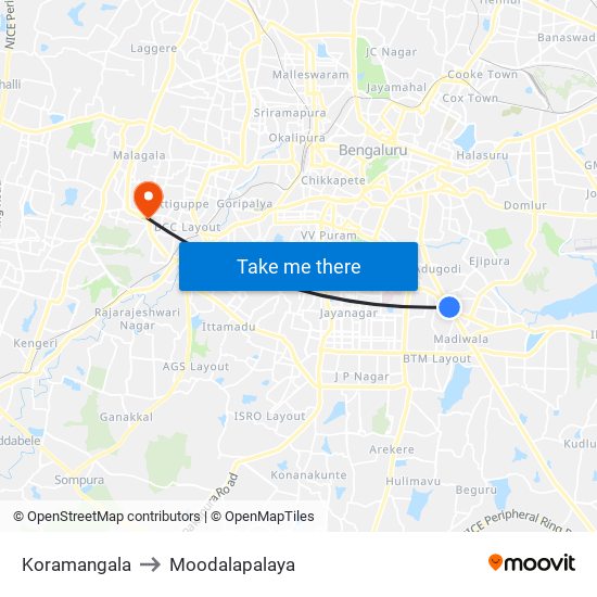 Koramangala to Moodalapalaya map
