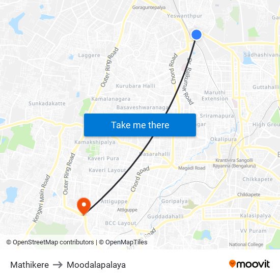 Mathikere to Moodalapalaya map