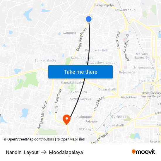 Nandini Layout to Moodalapalaya map