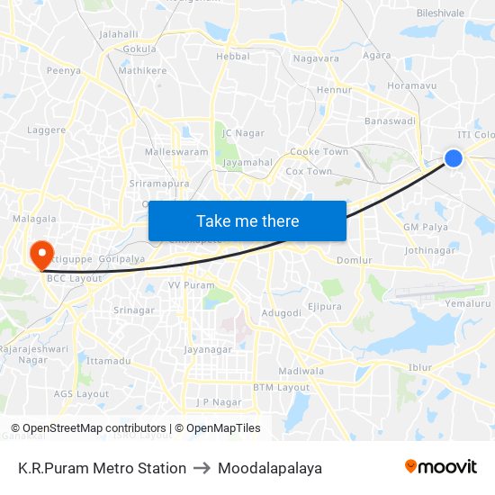 K.R.Puram Metro Station to Moodalapalaya map