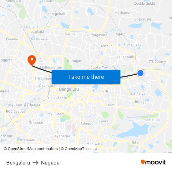 Bengaluru to Nagapur map