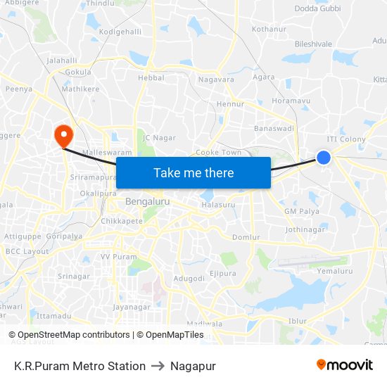 K.R.Puram Metro Station to Nagapur map