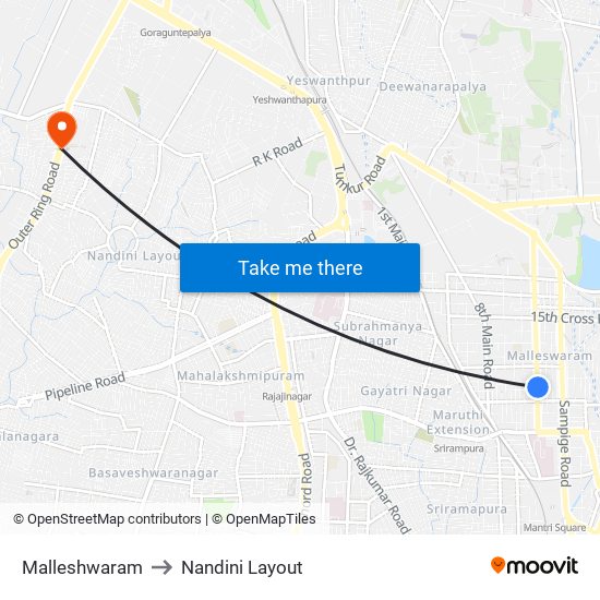 Malleshwaram to Nandini Layout map