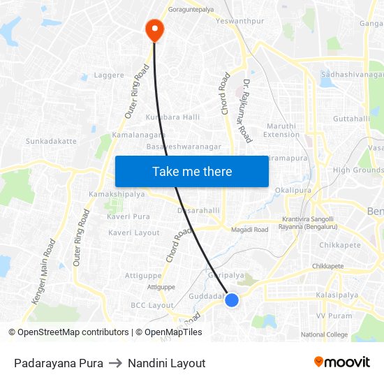 Padarayana Pura to Nandini Layout map