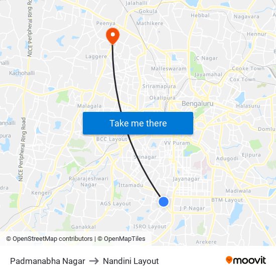Padmanabha Nagar to Nandini Layout map
