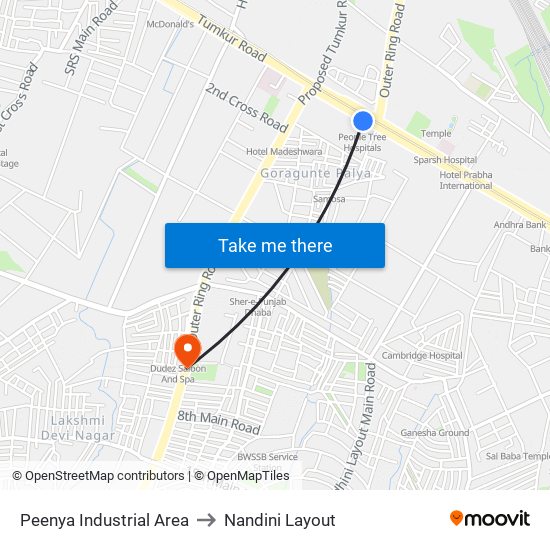 Peenya Industrial Area to Nandini Layout map