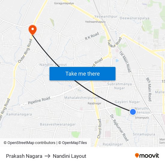 Prakash Nagara to Nandini Layout map