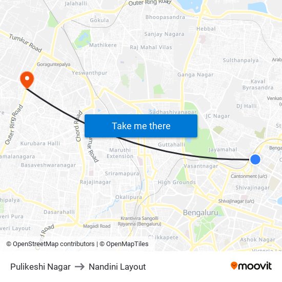 Pulikeshi Nagar to Nandini Layout map