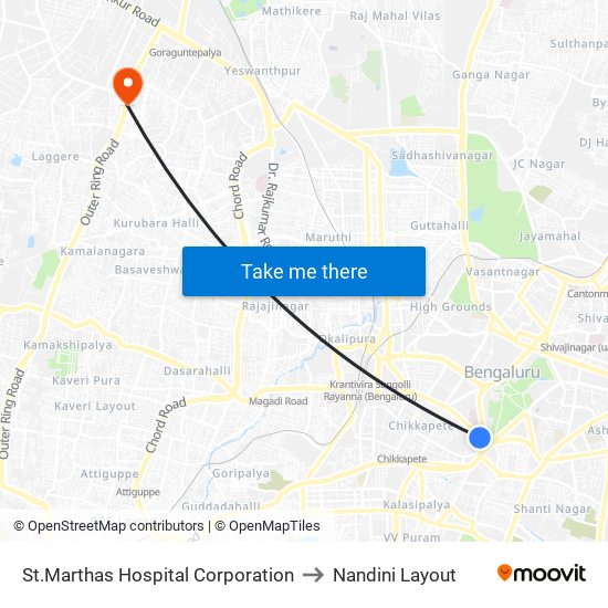 St.Marthas Hospital Corporation to Nandini Layout map