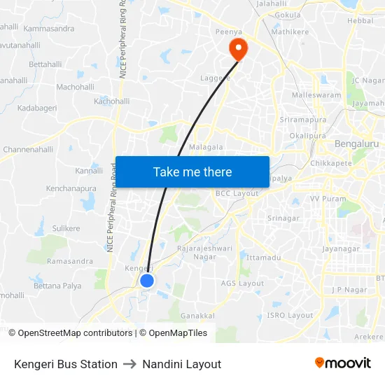 Kengeri Bus Station to Nandini Layout map