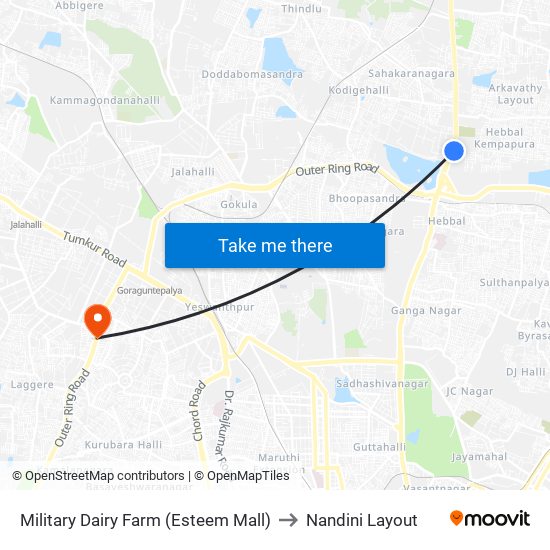 Military Dairy Farm (Esteem Mall) to Nandini Layout map