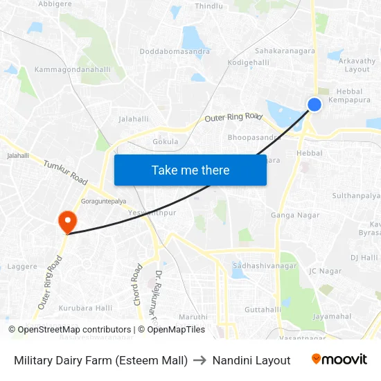 Military Dairy Farm (Esteem Mall) to Nandini Layout map