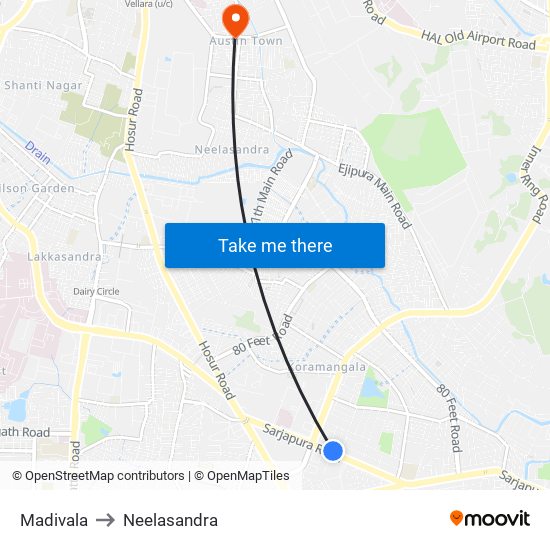 Madivala to Neelasandra map