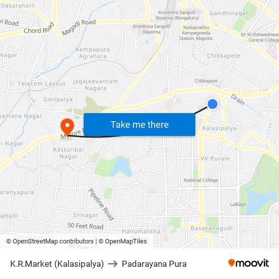 K.R.Market (Kalasipalya) to Padarayana Pura map