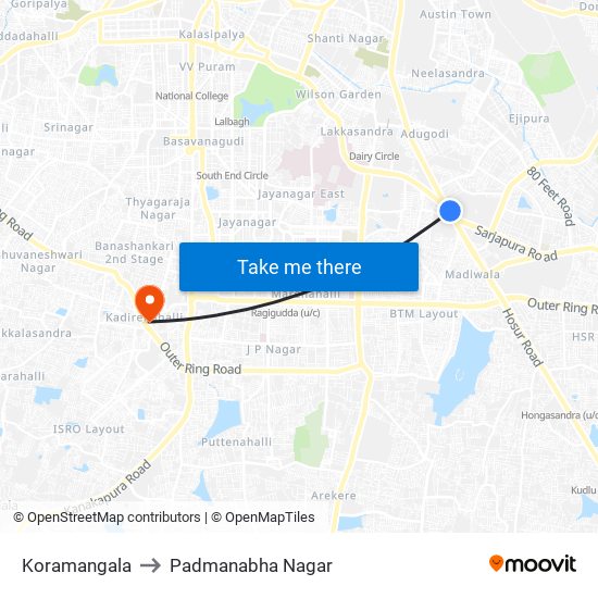 Koramangala to Padmanabha Nagar map