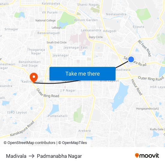 Madivala to Padmanabha Nagar map