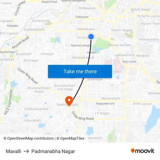 Mavalli to Padmanabha Nagar map