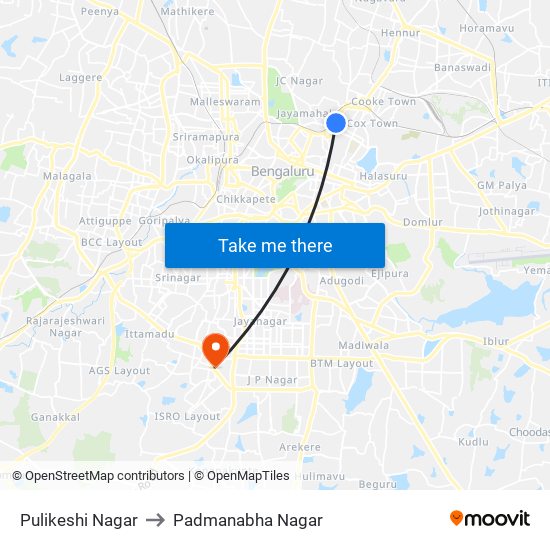 Pulikeshi Nagar to Padmanabha Nagar map