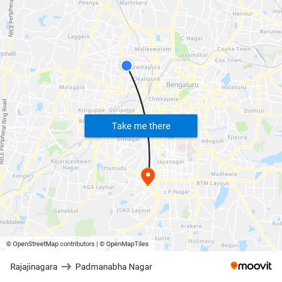 Rajajinagara to Padmanabha Nagar map