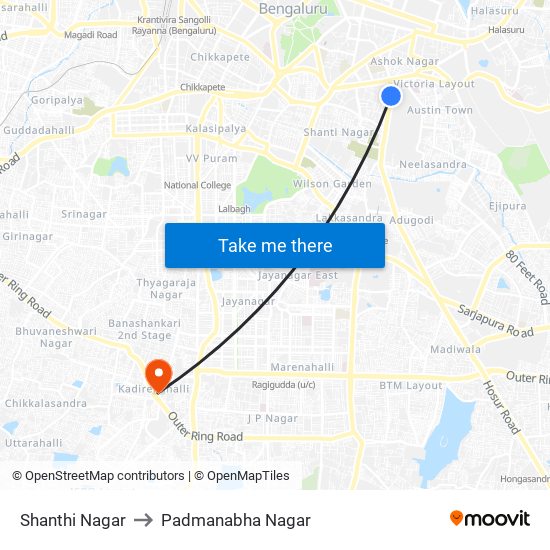 Shanthi Nagar to Padmanabha Nagar map