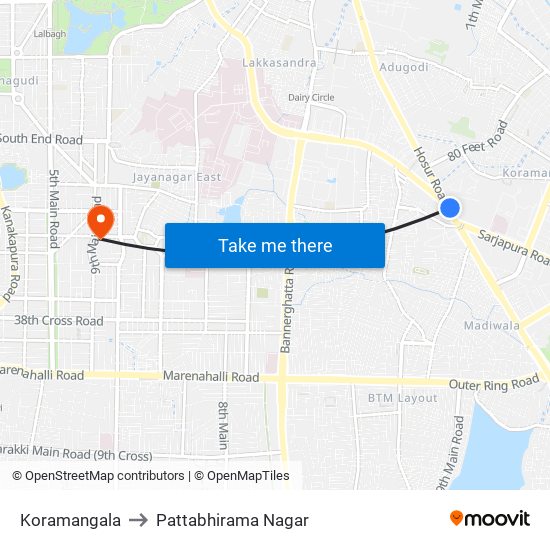 Koramangala to Pattabhirama Nagar map